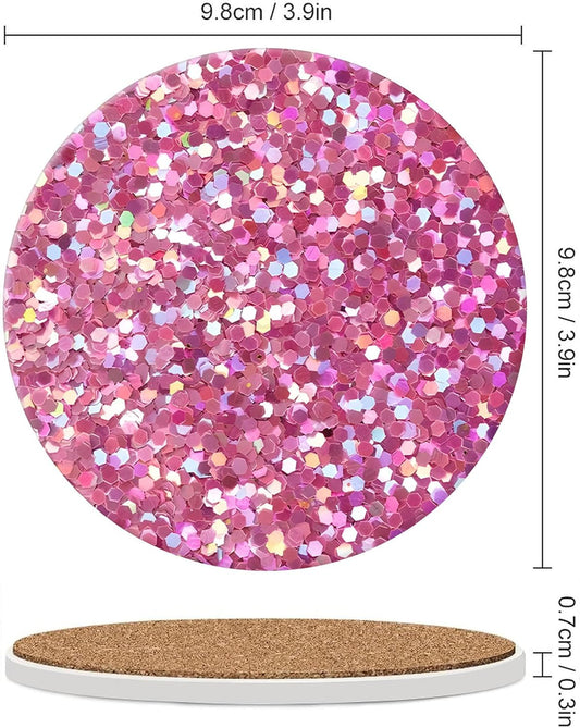 Pink Glitter Drink Absorbent Coaster,Cool Deisgn Ceramic Drink Coaster with Cork Base,Housewarming Gifts,Tabletop Protection Suitable for Kinds of Cups(Pack of 4)