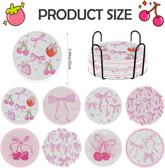 Pink Bow Diamond Art Coasters Kits - 8 PCS DIY Non Slip Diamond Painting Coasters with Holder Bowknot Cherry Strawberry Gem Art Craft Supplies for Adults Beginners Women Coquettee Home Table Decor
