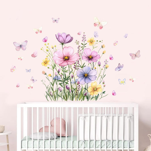 Watercolor Floral Wall Decals, Garden Flowers and Butterflies Wall Stickers, Pink Purple Yellow Nursery Room Decorations