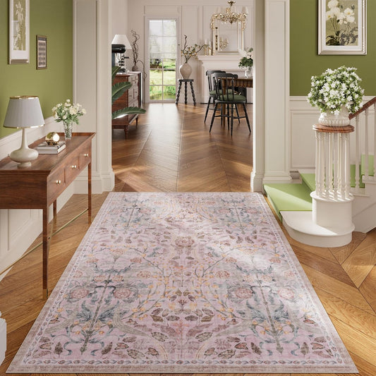AMTOVO 5x7 Washable Area Rugs for Living Room, Vintage Boho Floral Distressed Print Non-Slip Carpet, Soft Colorful Accent Rug for Bedroom Girls Room Indoor Nursery Dining Room Playroom Farmhouse, Pink