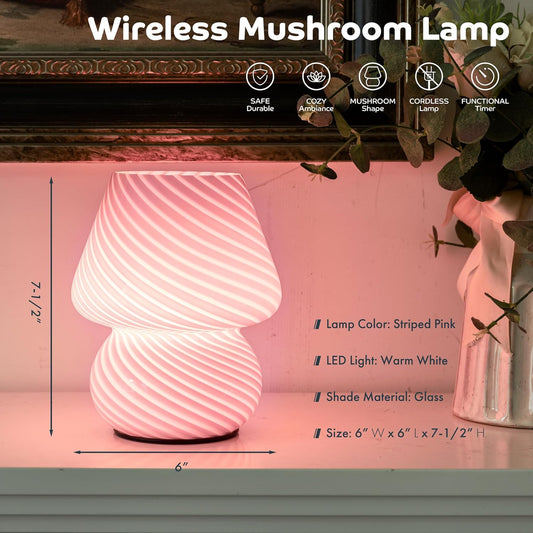 ULAROOM Battery Operated Mushroom Lamp - Vintage Small Table Lamp With Timer, Cordless Bedside Nightstand, Glass Battery Powered for Bedroom Kitchen Living Room Shelf Decor Aesthetic Pink