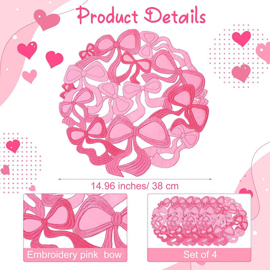 4 Pcs Pink Bow Placemats Coquette Embroidered Place Mats Pink Cotton Decorative Table Mats for Home Wedding Baby Shower Birthday Party Decor(Round Hollow)