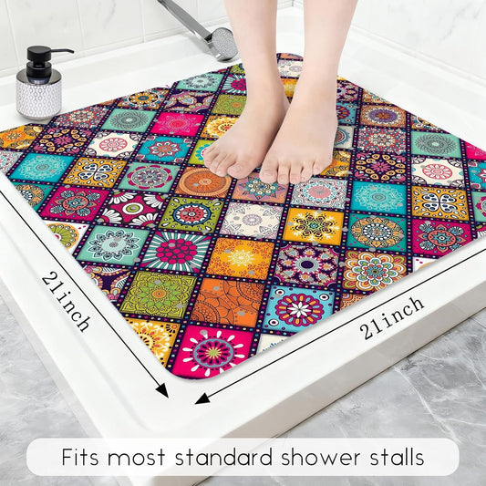Bathtub Mat Non Slip, Bohemia Square Bath tub Mat Shower Floor Mat with Suction Cups for Adults Kids Elderly 21 X 21 Inch