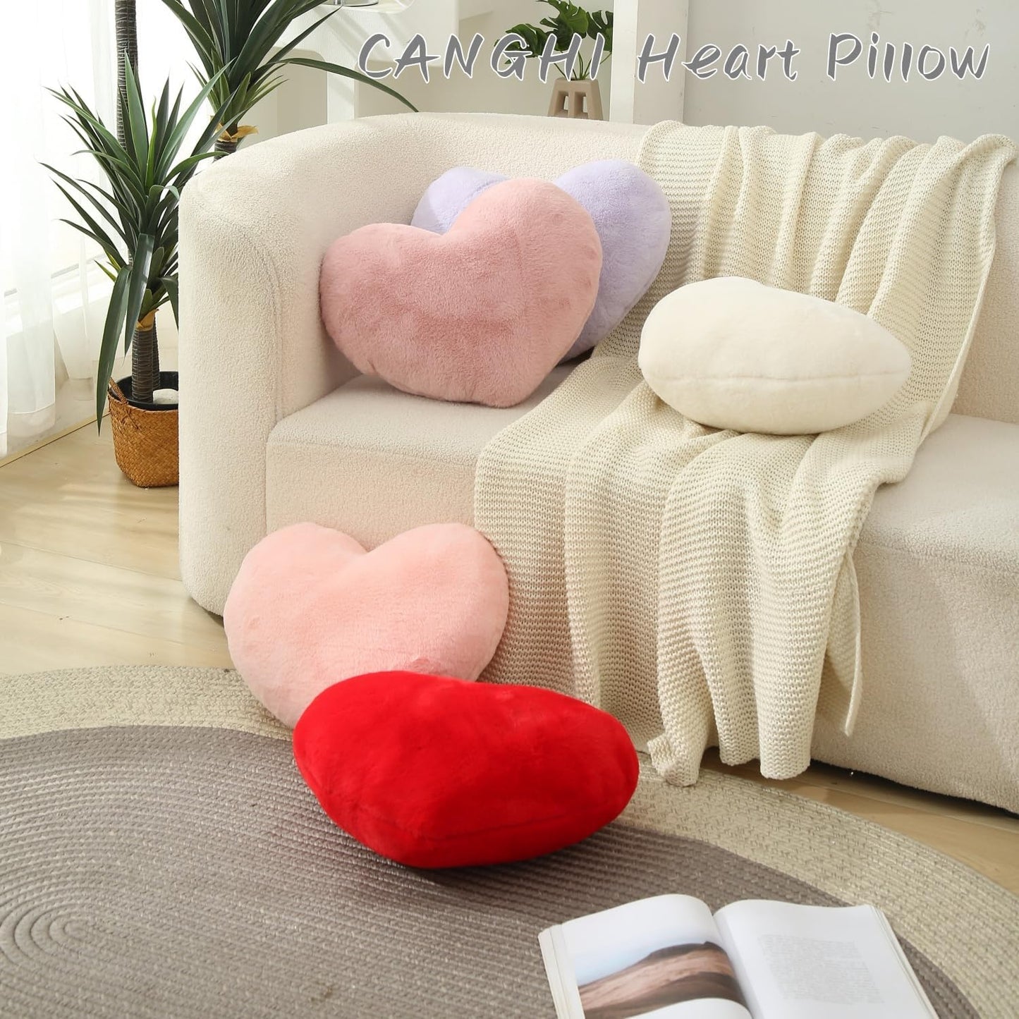 CANGHI 2 Pcs Heart Pillows Pink White Love Heart Shaped Throw Pillows Valentines Wedding Anniversary Faux Rabbit Fluffy Decorative Cushions for Livingroom Bed Sofa Car Couch Home Decor Aesthetic