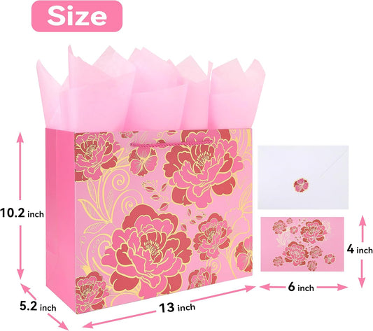 13" Large Rose Pink Gift Bag Set with Greeting Card and Tissue Paper(Foil Traced Flowers) for Celebrating Birthdays, Mother's Day, Valentine's Day, Weddings, Anniversaries - 13โx5.2โx10.2โ,1 Pcs.