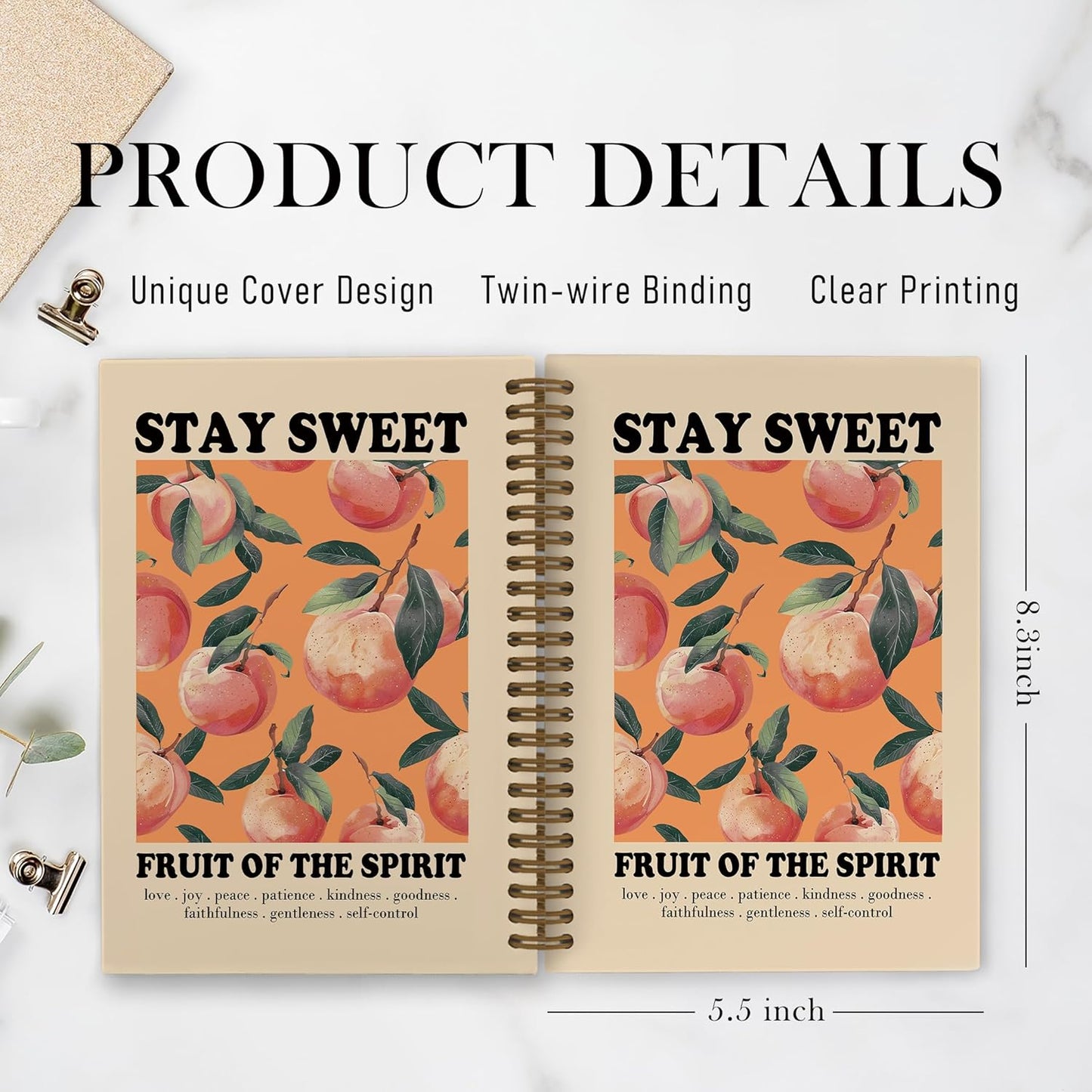 Fruit of the Spirit Peach Spiral Notebook, Peach Christian Journal Notebook, Bible Verse Scripture Notebooks for School Work, Christian Office Supplies Gifts for Women Men, 5.5x8.3 Inch