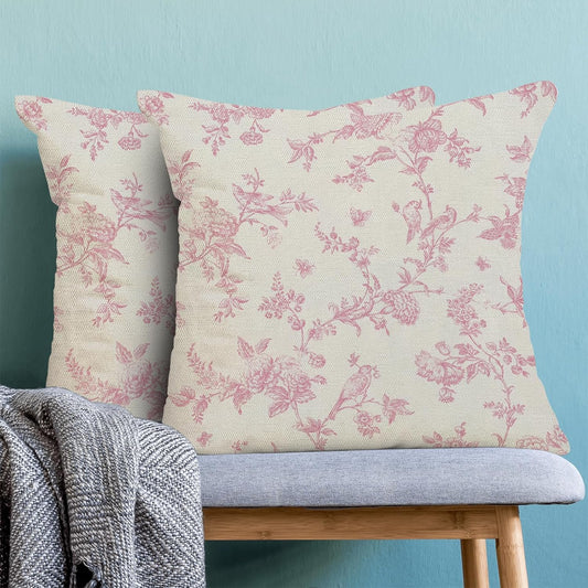 Pink Pillow Covers 18x18 Set of 2 Pink Bird Floral Chinoiserie Throw Pillows Vintage Toile Spring Summer Floral Pillowcases Linen Outdoor Decor Cushion Cover for Sofa Couch