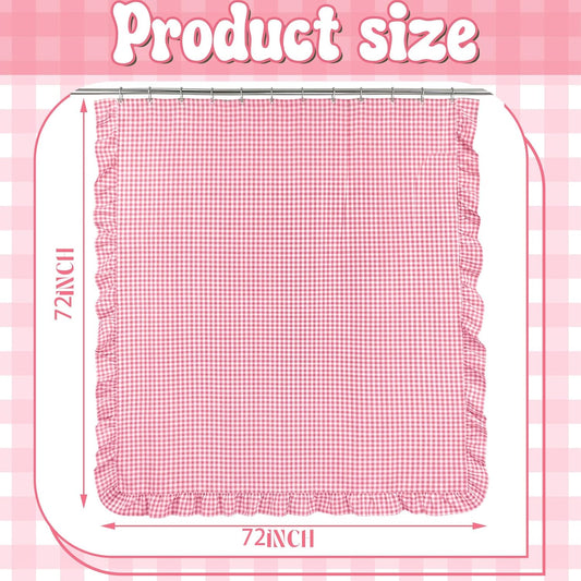 HunnmingRe Ruffled Gingham Shower Curtain 72 x 72 Inch Pink Cotton Vintage Farmhouse Rural Plaid Shower Curtain with 12 Hooks for Bathroom Bathtubs Decor
