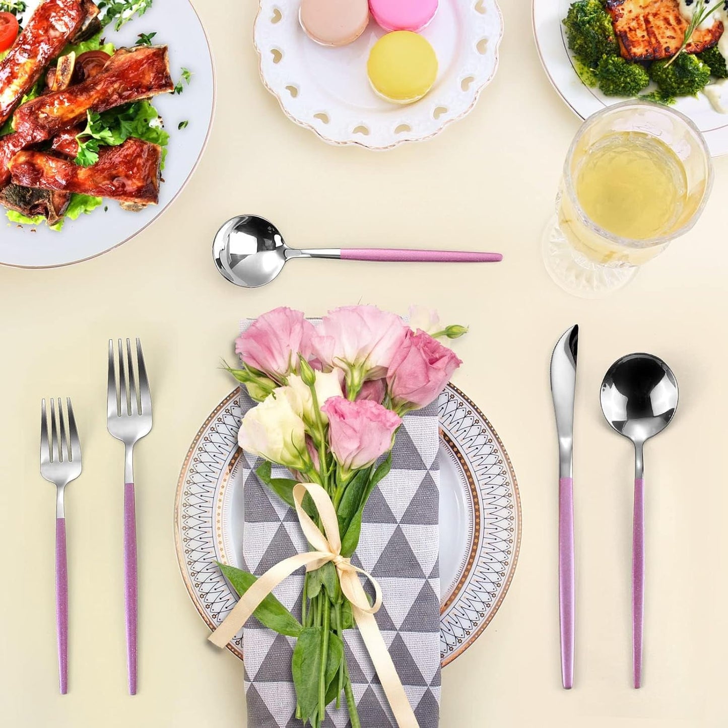 20-Piece Silverware Set With Pink Handle,LAZAHOME Stainless Steel Cutlery Set Service for 4,Kitchen Utensils Set Included Knife Spoon and Fork Set- Mirror Polished & Dishwasher Safe