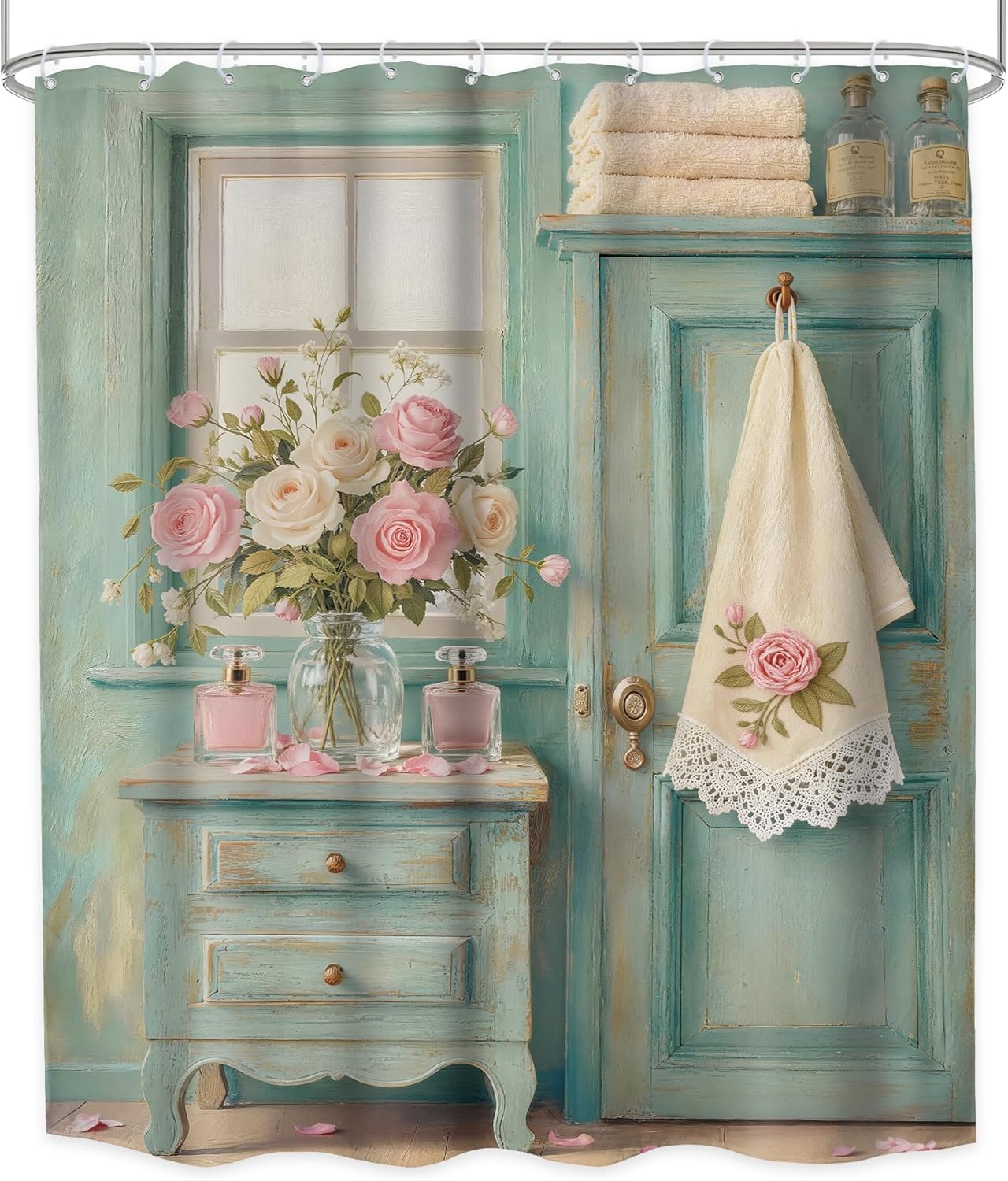 Rustic Floral Shower Curtain Bathroom Set 60Wx71H Inches Retro Turquoise Farmhouse Green Pink Flower Rose Wood Plank Country Bath Accessories Girls Girly Art Home Decor Fabric 12 Pack Hooks