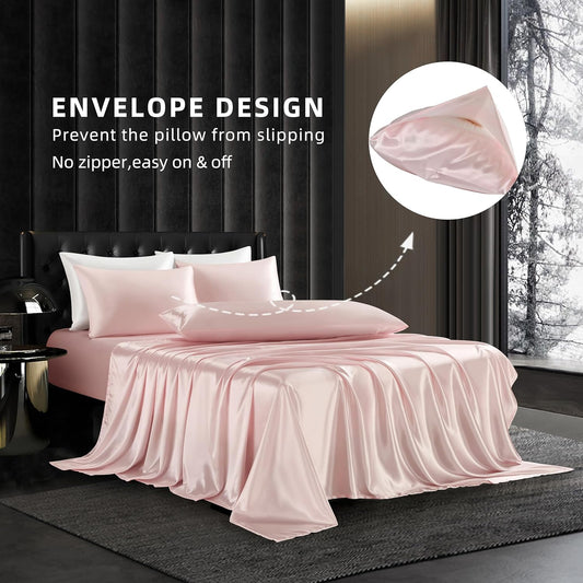 5Pcs Blush Pink Silk Sheets Queen, Blush Pink Satin Sheets Set Silky Comforter Bedding Sheets with 1 Satin Flat Sheet,1Deep Pocket Fitted Sheet,3 Pillowcases with Envelope Closure