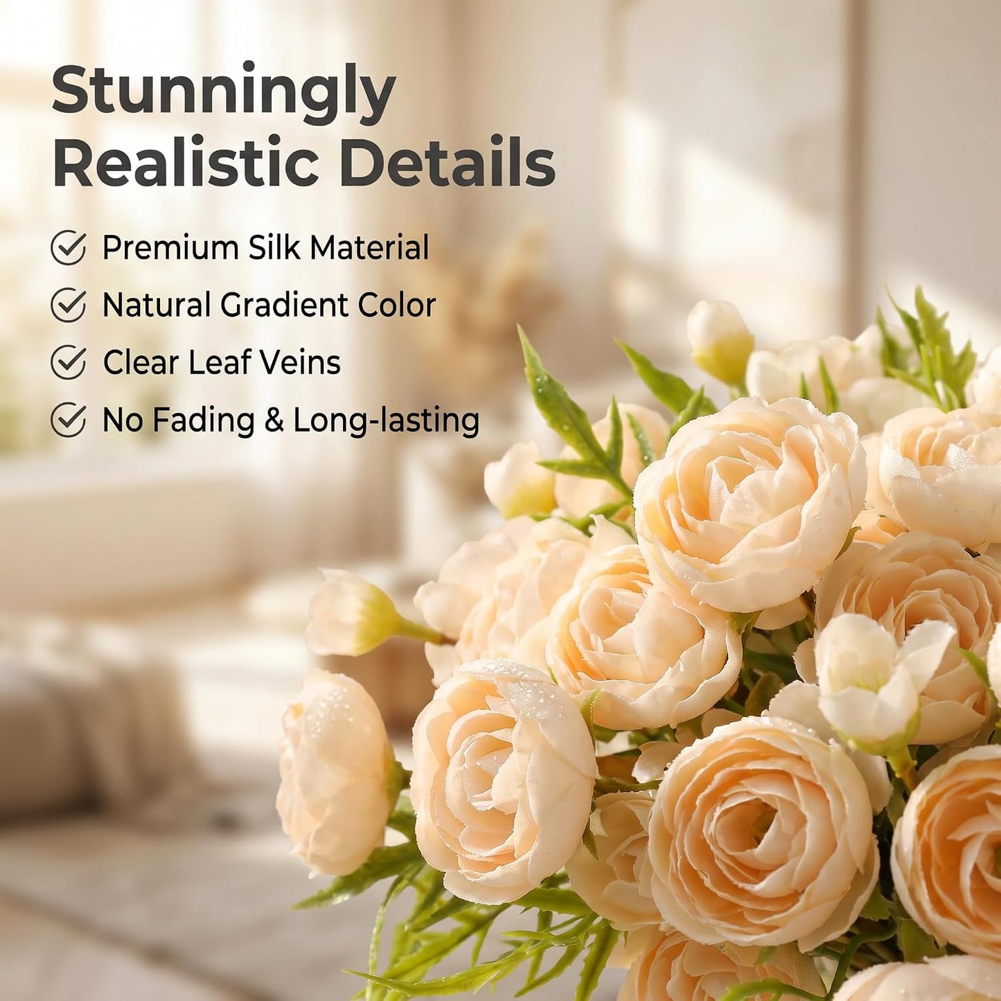 Artificial Ranunculus Flowers Cream Peach Faux Silk 20Pcs Artificial Flowers Bouquet for Home Decor Wedding DIY Gifts