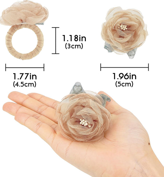 Handcraft Flower Napkin Rings Set of 6โ Blush Beige Camellia Tulle Napkin Holders for Dining Table Decor, Weddings, Parties, Birthday & Thanksgiving