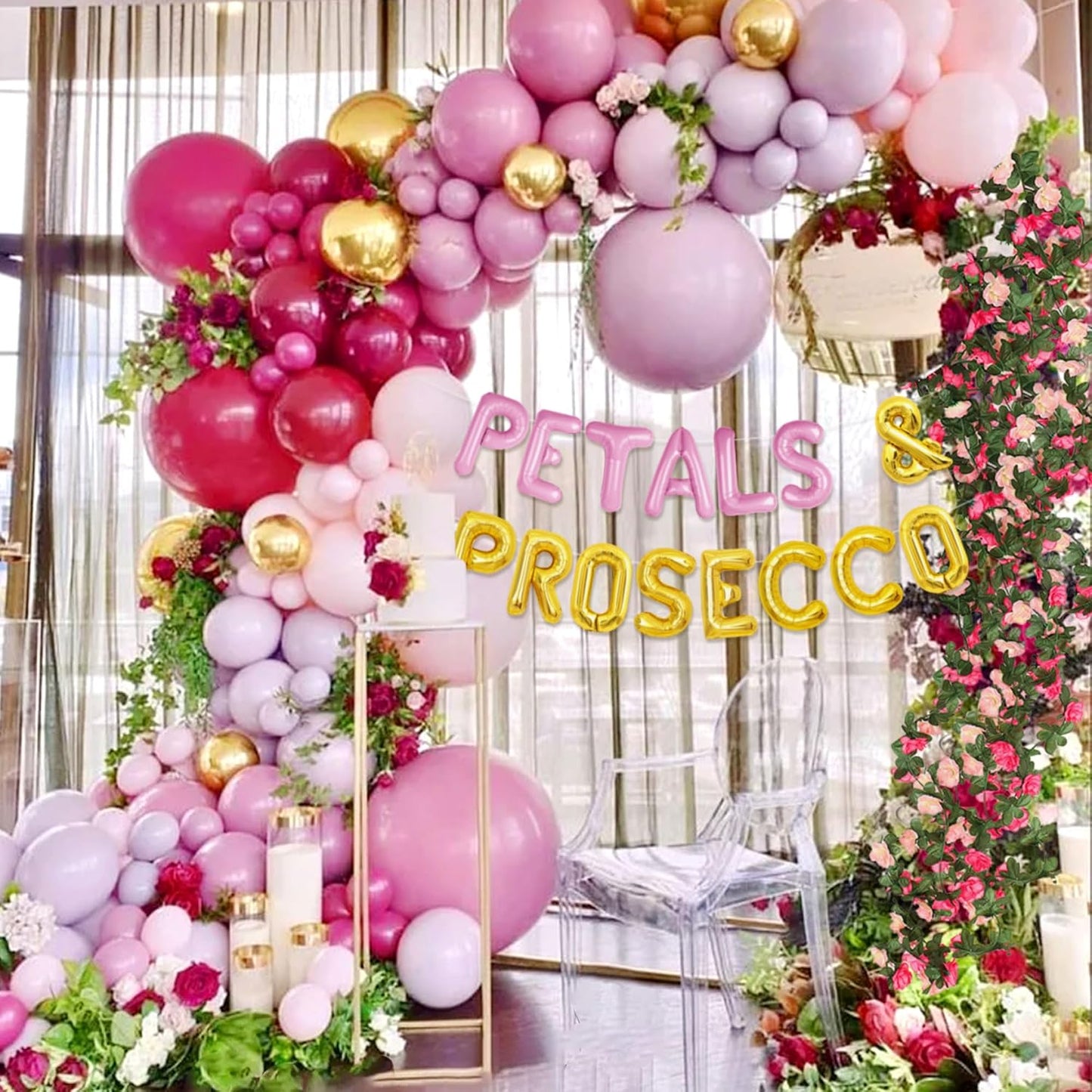 Petals And Prosecco Bridal Shower Decorations Artificial Pink Flowers Garland Prosecco Balloons Spring Roses Floral Hanging Garland Vine Wedding Party Supplies