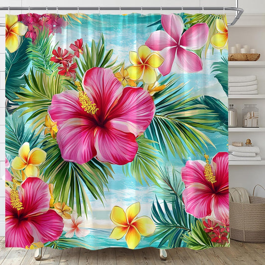 Tropical Flower Shower Curtain Blooming Pink Hibiscus Green Palm Leaf Rainforest Floral Leaves Plants Botanical Home Fabric Bathroom Decor Set Include Hooks,70" WX70 H