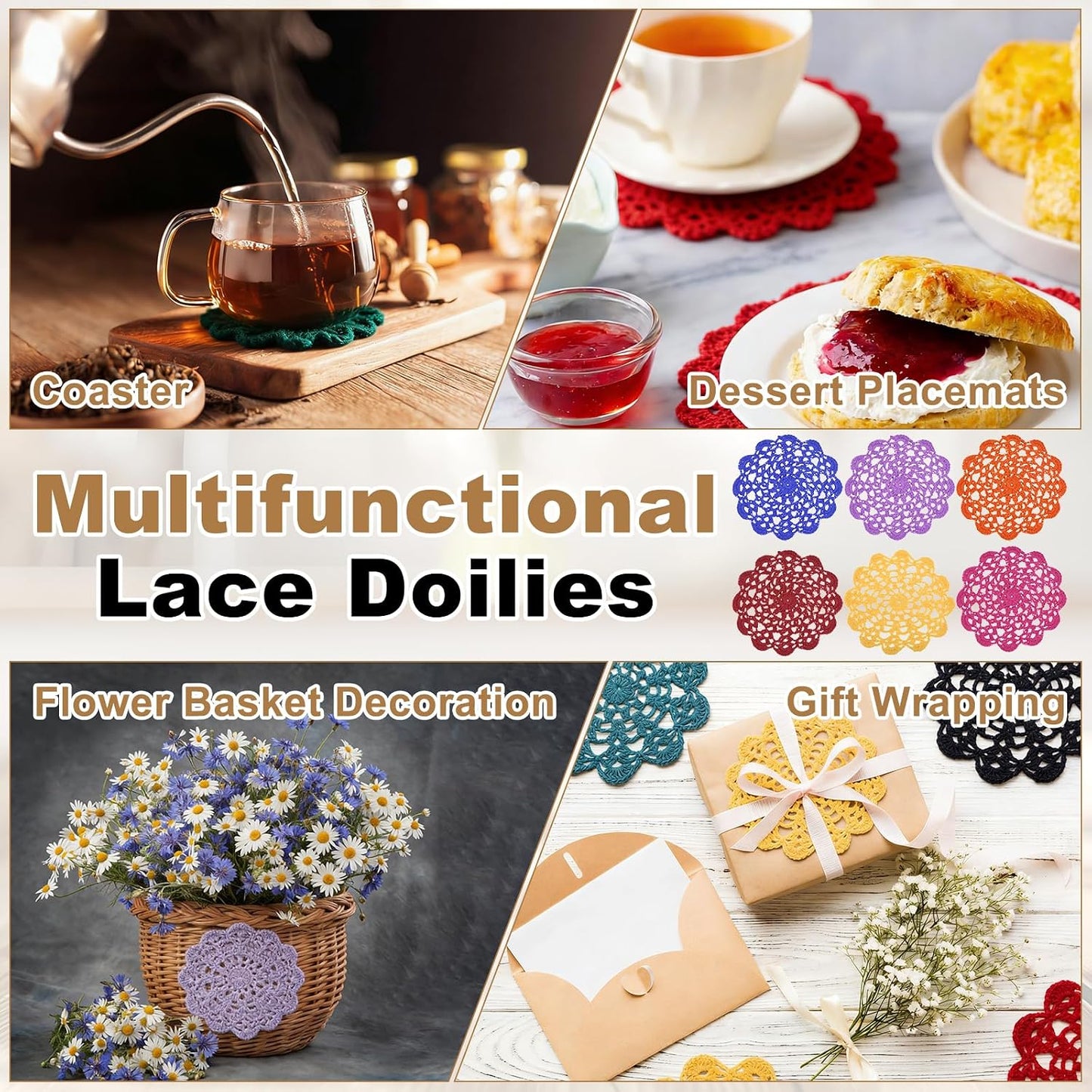 uxcell 4Pcs Crocheted Cotton Doilies, 5.5" Lace Doilies for Tables Cloth Lace Placemats Handmade Tray Doilies Round Cups Coasters for Glasses Crafts Kitchen Dining Room, Dark Pink