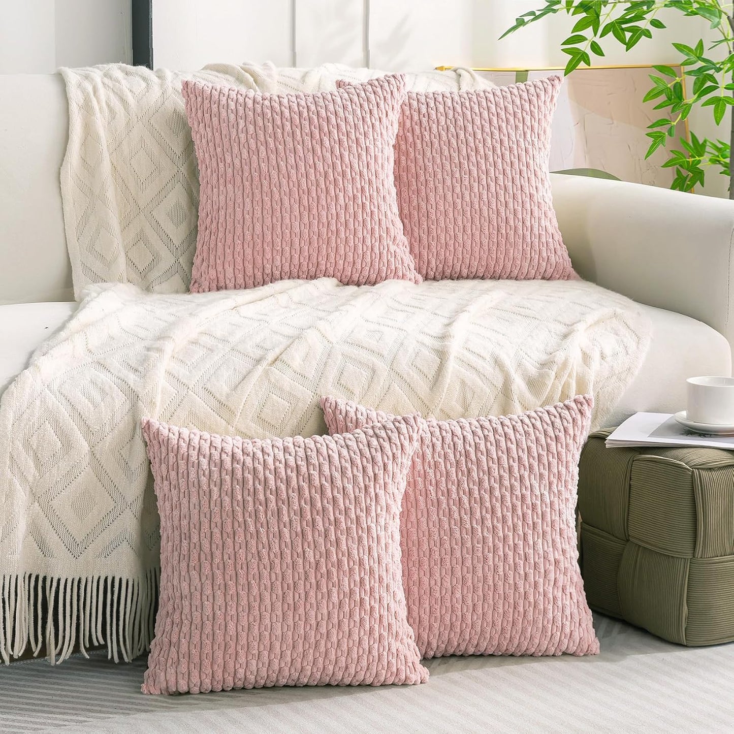 Set of 4 Light Pink Decorative Throw Pillow Covers 24x24 Inch Corduroy Pillow Covers for Bed Couch Sofa Living Room Soft Square Cushion Cases