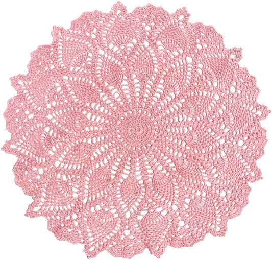 Anniversary Mother's Day Lace Placemats Table Doilies Round Handmade Crochet Doily Kitchen Cup Mug Mats (Pink, 16 to 18 inches-1PC)