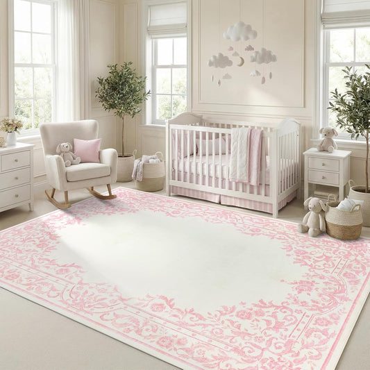 Garvee Rugs for Girls Bedroom Washable 5x7 Area Rug for Nursery Room, Non Slip Soft Low-Pile French Retro Floral Accent Throw Carpet for College Dorm Decor Kids Room Playroom, Pink