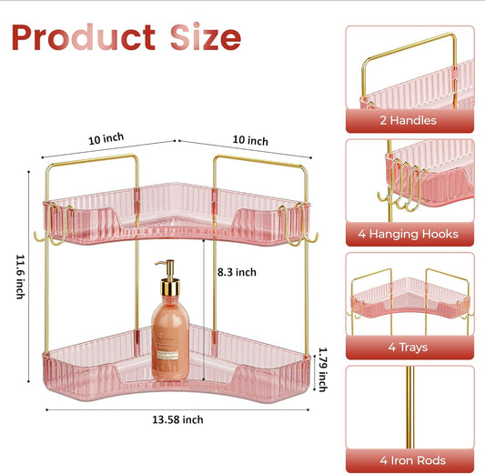 Delicate Pink 2-Tier Corner Counter Organizer with Expandable Hooks | Bathroom, Kitchen & Vanity Storage for PET Makeup, Skincare & Jewelry