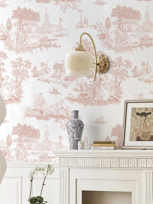 HeloHo Peel and Stick Wallpaper Pink and White Toile Wall Paper Vintage Self Adhesive French Contact Paper Decoral for Bedroom Bathroom Living Room 17.3" X 196.8"