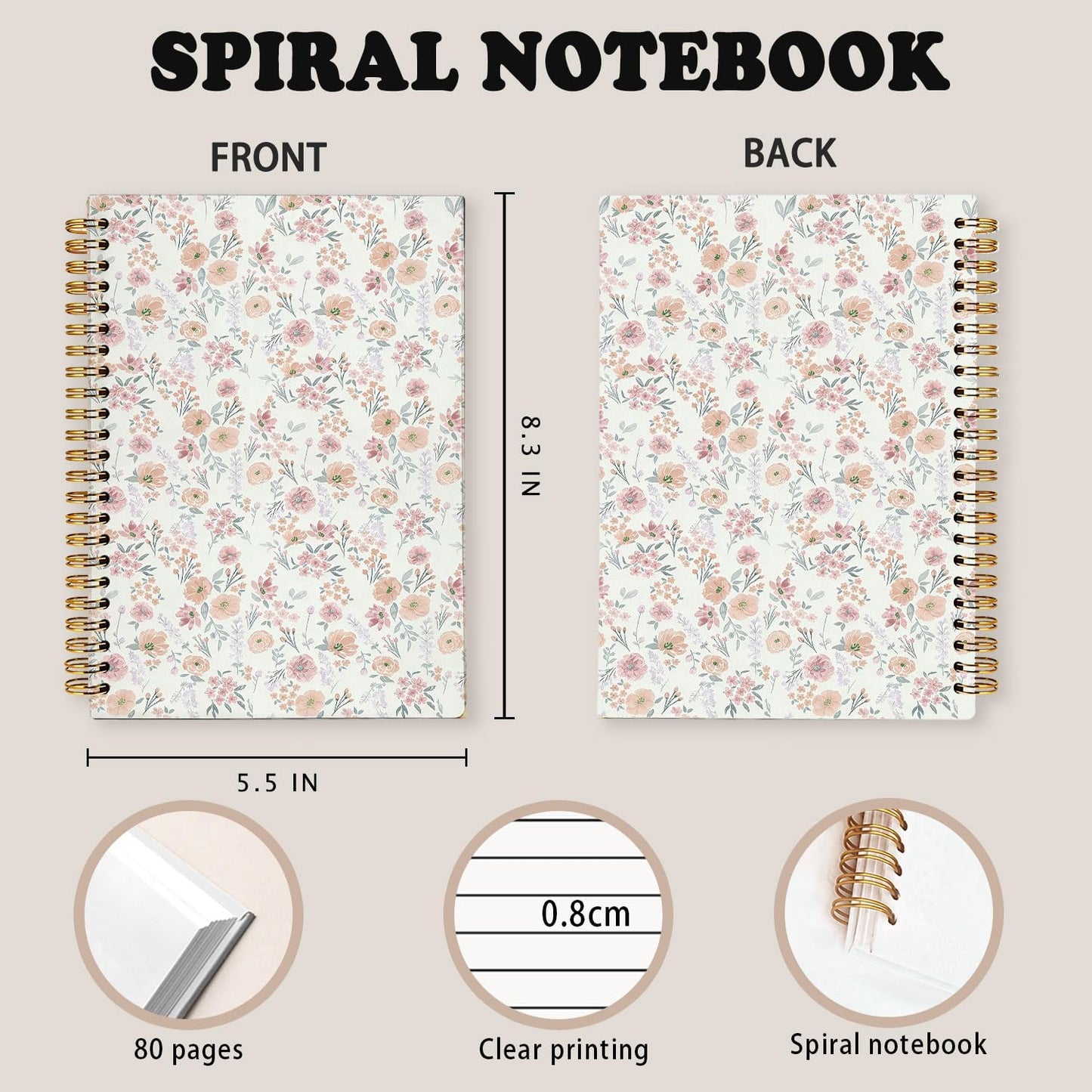 RTXLEZM Cute Spiral Notebook Journal for Women,Journal for Teen Girls Floral Pastel Pretty Hardcover Spiral Notebook for Women School Aesthetic Pink Journal for Teen Girls 5.5x8.3