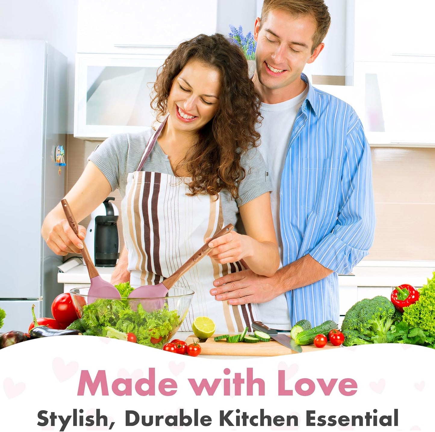 Gorgeous Heart shaped Bamboo Wooden Spoon with an engraved handle and heart shaped base hole for hanging The secret ingredient is Love The perfect addition to a kitchen (Pink Silicone)
