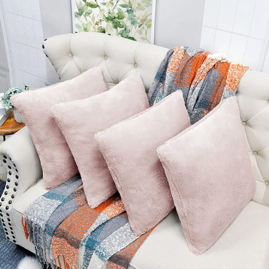 Faux Fur Decorative Square Throw Pillow Covers 20 x 20 Inches Set of 4, Plush Fluffy Fuzzy Soft Luxury Cushion Case Pillowcase for Couch Bed Car Bedroom Living Room, Peach Blush
