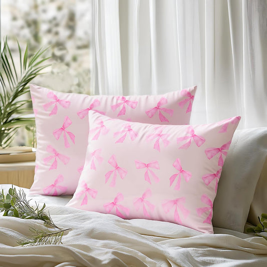 Pink Bow Satin Pillowcase for Hair & Skin Care, Standard Size Set of 2 - Luxurious Satin Pillow Cover with Envelope Closure(20x26 Inches)