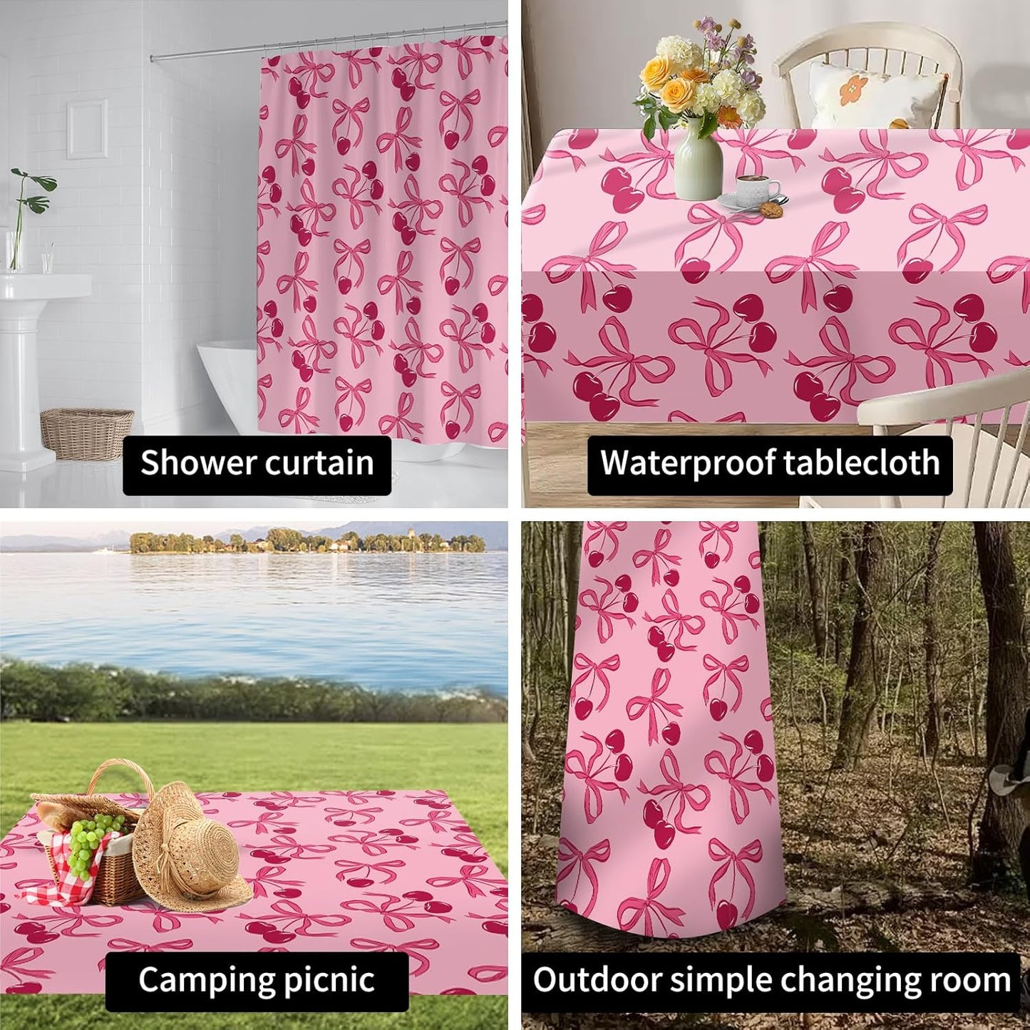 Shower Curtain for Bathroom, Cute Shower Curtain Sets with 12 Hooks, Waterproof Fabric Bath Curtain for Home, 72Wx72H Cute Pink Bow