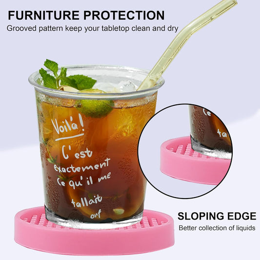 Amooca Silicone Coasters 8 Pack with Holder Anti-Slip Non-Stick Drink Coaster Deep Tray Cup Mat for Hot or Cold Drinking Peach Pink Dots
