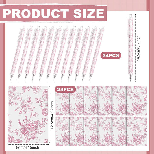 Engrowtic 24 Set Pink and White Floral Mini Notebooks and Ballpoint Pens Chinoiserie Vintage Pocket Notepads Gel Pens Small Journals for Bridal Wedding Baby Shower