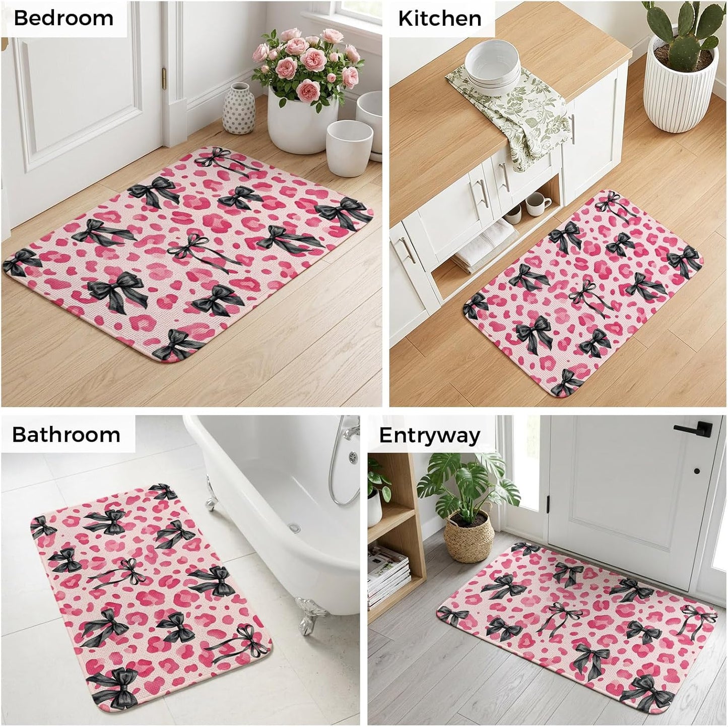 Bathroom Rugs 31.5x47.2 Inch, Black Bow Pink Leopard Non Slip Rugs Washable Low Pile, Minimalist Boho Chic Modern Front Door Mat Entryway Rug with Rubber Backing