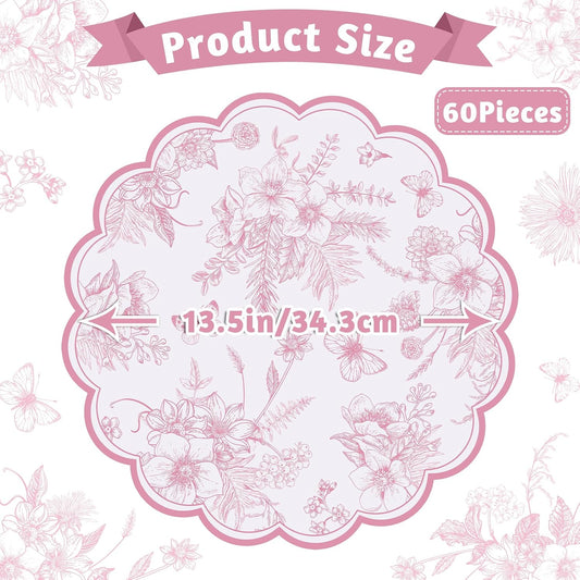 60 Pcs Pink Floral Paper Placemats, 13.5 Inch Disposable Scalloped Table Mats Wedding Placemats, Vintage Floral Banquet Place Mats for Table Setting Wedding Bridal Tea Party Wildflower Party Decor