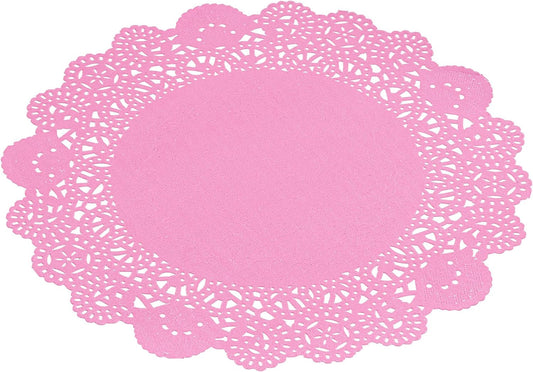 Pastry Tek 8 x 8 Inch Paper Lace Doilies, 100 Disposable Table Doilies - Elegant Lace Finish, Long Lasting, Pink Paper Doily, for Pastries, Cupcakes, Desserts - Restaurantware