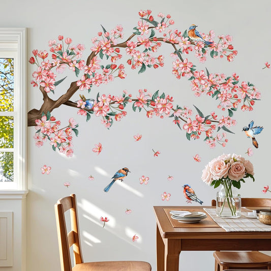 2Sheets Removable Pink Flower Tree Branch Wall Decals DIY Cherry Blossom Tree Branch Wall Decals Vinyl Birds Wall Sticker Petals Falling Home Decor for Girls Bedroom Living Room Bathroom Decor