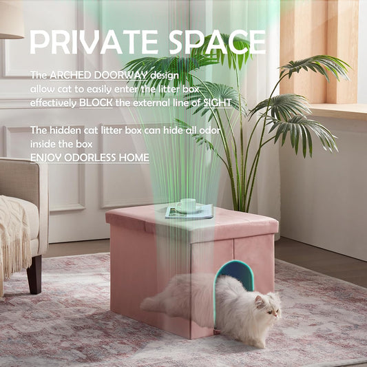 MEEXPAWS Cat Litter Box Enclosure Furniture Hidden Large, Lift Design Lid Velvet Cat Washroom Bench Storage Cabinet |25.6x 17.7 x 17.7 in| Dog Proof|Urine Proof Inside|Quick Assembly| Easy Clean(Pink)