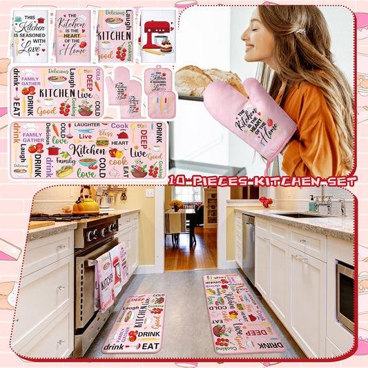 Fourluoo 10 Pcs Cuisine Pink Kitchen Decor and Accessories Set Pink Kitchen Towels Rugs Pot Holders Oven Mitts for Chef Cooking Baking Mom Housewarming Gifts