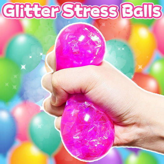 Pink Squishy Glitter Stress Balls Squeeze Fidget Toys for Kids and Adults - Colorful Stress Squish Ball, Squishy Toys for Kids Prizes,, Party Favors, Relax, Improve Focus