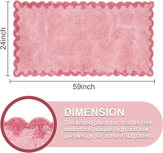 ORTIGIA Long Cute Scalloped Bathroom Rugs Runner, Fun CandyPink Plush Microfiber Scallop Bath Mats Non Slip Washable Quick Dry Absorbent, Rug Carpet for Bathtub Sink Laundry Room Bedroom, 24x59