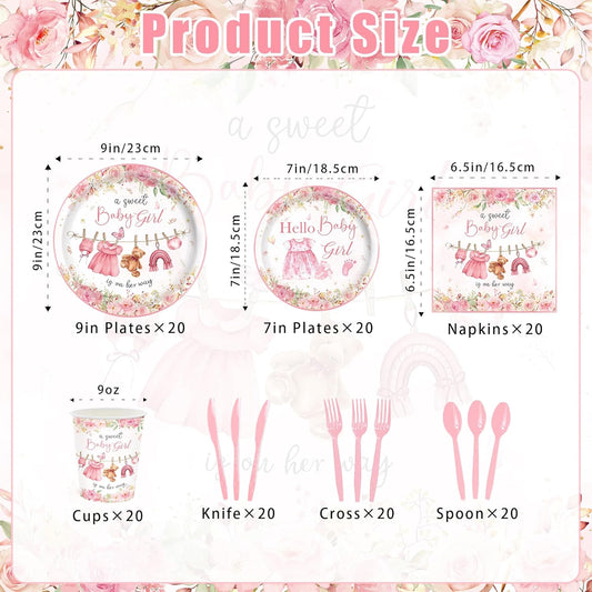 140PCS Pink Baby Shower Decorations Girls Baby Shower Party Supplies Disposable Plates Napkins Spoons Cups Tableware Set Serve 20 Guests