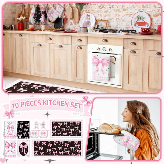 Fourluoo 10 Pcs Pink Bow Kitchen Decor Sets 4 Pink Plaid Kitchen Dish Towels 2 Pot Holders 2 Oven Mitts Glove 2 Cute Non Slip Rugs and Mats for Floor Home Decorations Accessories Mom Gifts
