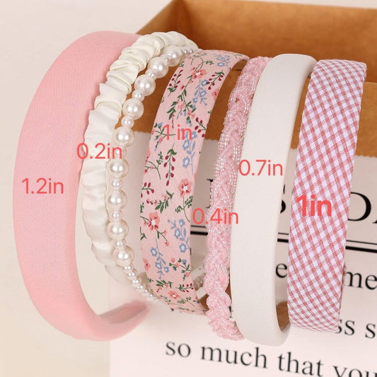 Women's Pearl Floral Padded Wide Bandana Headbands, Vintage Hair Accessories, Pink