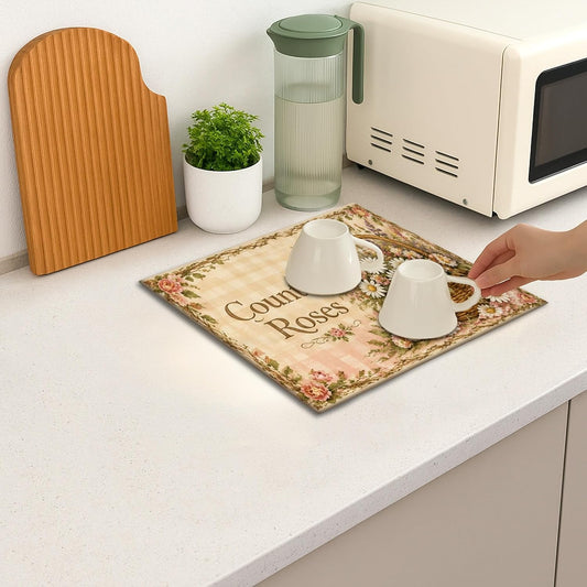 Country Floral Dish Drying Mats for Kitchen Counter, Vintage Peach Absorbent Dish Drainer Rack Mat, Spring Rustic Microfiber Drying Pad 16x18 Inch