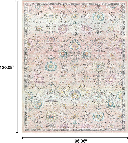 Lahome Pink Boho Area Rug, 8x10 Washable Rugs for Bedroom Girls Living Room, Soft Blush Floral Non Slip Pastel Thin Floor Carpet for Classroom Playroom Home Decor