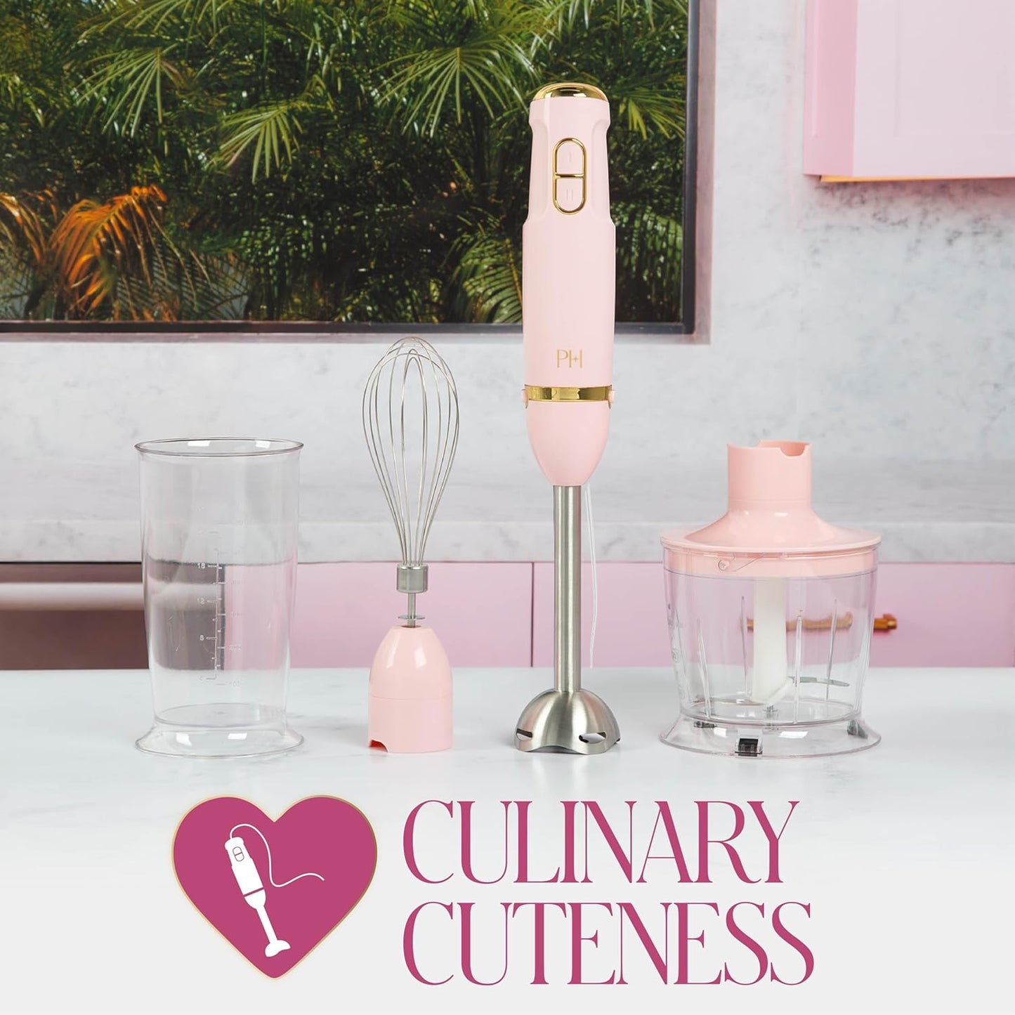 Paris Hilton Hand Blender Set, 3-in-1 Immersion Blender with Whisk, Blending & Chopper Attachments, 400W High Speed, Pink with Gold Accents, Handheld Blender for Smoothies, Soups, Sauces, Cream, Pink