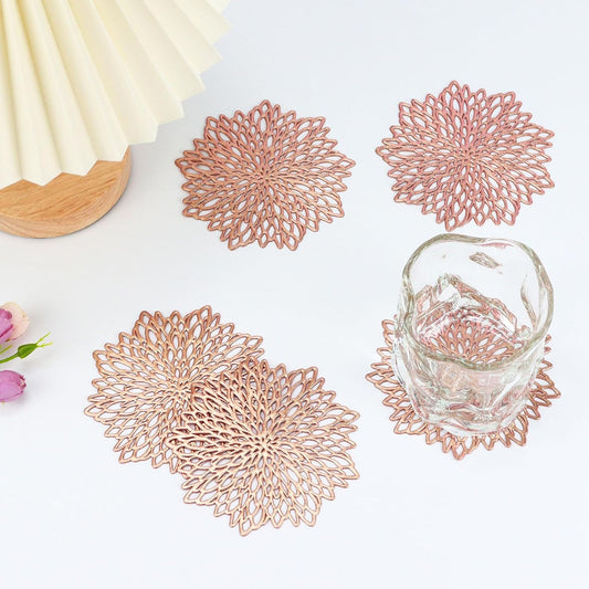 Koqye PVC Drink Coasters Set of 6 - Waterproof, Non-Slip, and Stain Resistant Table Mats for Mugs, Glasses, Barware (Rose Gold - Flower)