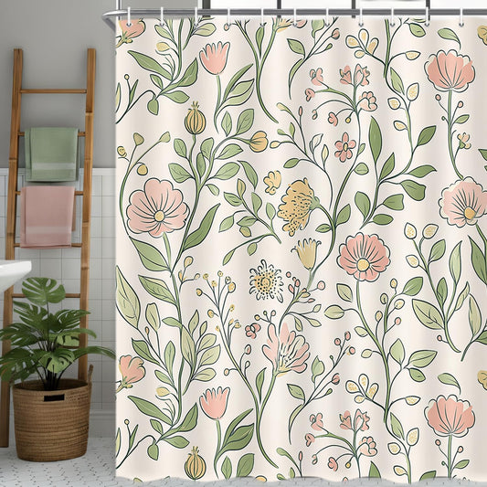 Boho Farmhouse Floral Shower Curtain, Vintage Delicate Pink Yellow Flowers & Green Leaves Print Polyester Bath Curtains, Waterproof Curtain Set with Hooks Decorative Curtains for Bathroom Bathtub