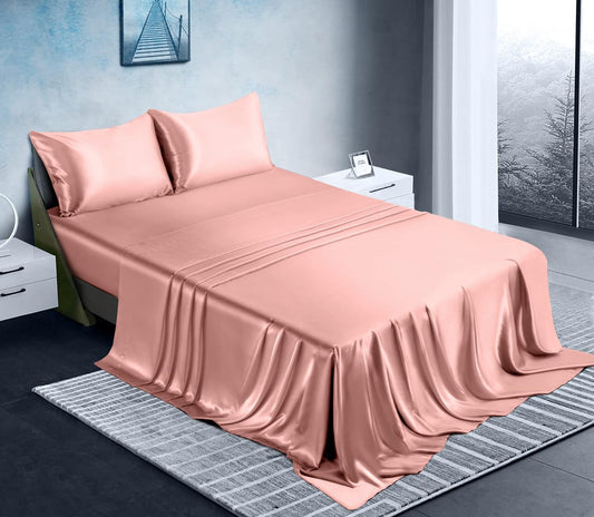Manyshofu Satin Queen Sheets Set 4 Piece - Soft Silky Satin Sheets Set, Rose Gold Satin Bed Sheets Cooling & Luxury Bedding Sheet Set(1 Fitted Sheet, 1 Flat Sheet, 2 Pillow Cases)