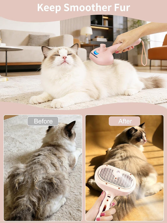 3 in 1 Dog Cat Steam Brush with Storage Rope for Shedding Massaging Grooming, Self Cleaning Pet Steam Brush for Long Short Hair, Reducing Flying Fur & Static - Pink